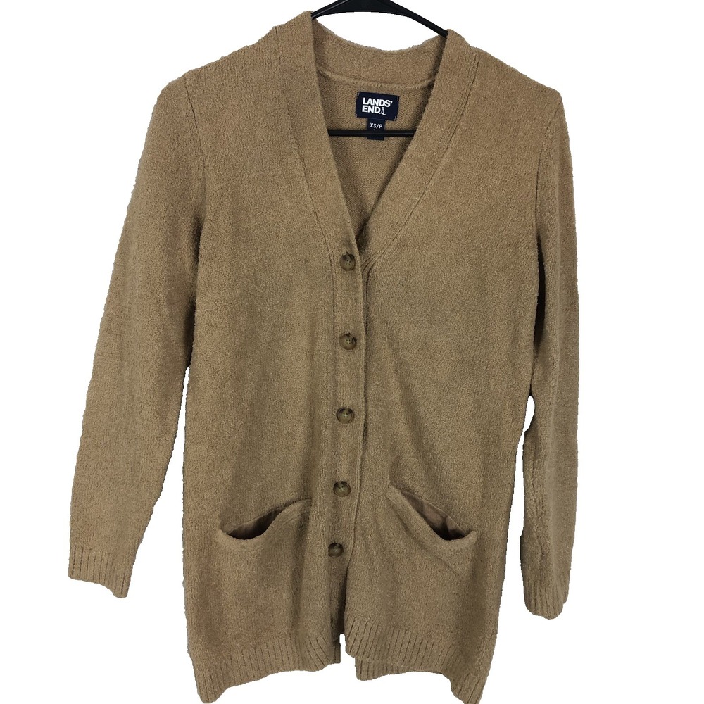 Lands end button cardigan womens sz XS Brown nylon acrylic super soft ribbed hem